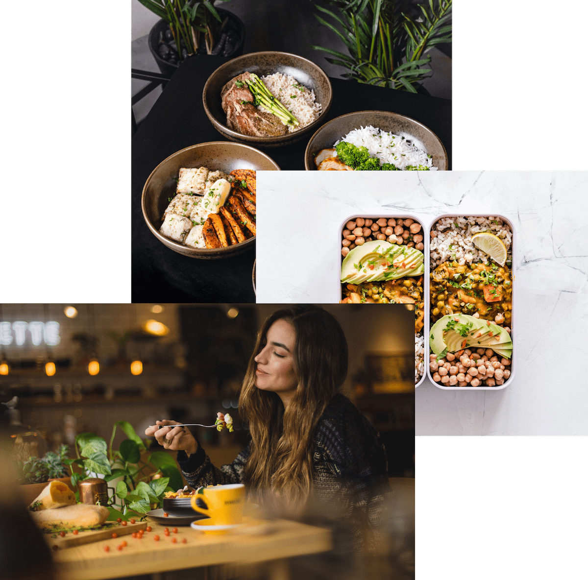 Woman Enjoying Food, meals in storage container, and food bowls on a table